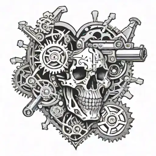 An intricate mechanical heart with gears and pistons, symbolizing the love for guns and cars tattoo design idea