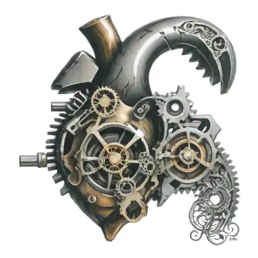 An intricate mechanical heart with gears and pistons, symbolizing the love for guns and cars tattoo design idea