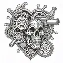 An intricate mechanical heart with gears and pistons, symbolizing the love for guns and cars tattoo design idea