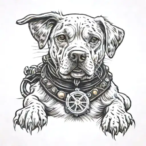 A realistic portrait of a dog wearing steampunk gear, with a karate black belt around its waist and a small Buddha charm hanging from its collar tattoo design idea