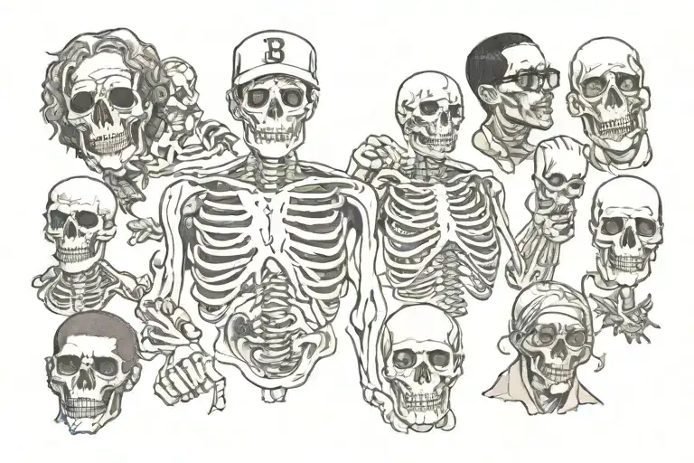 a tattoo that includes the rappers: eminem, 2pac, biggie, eazy e, ice cube, snoop dogg but they are skeletons upper body tattoo design idea