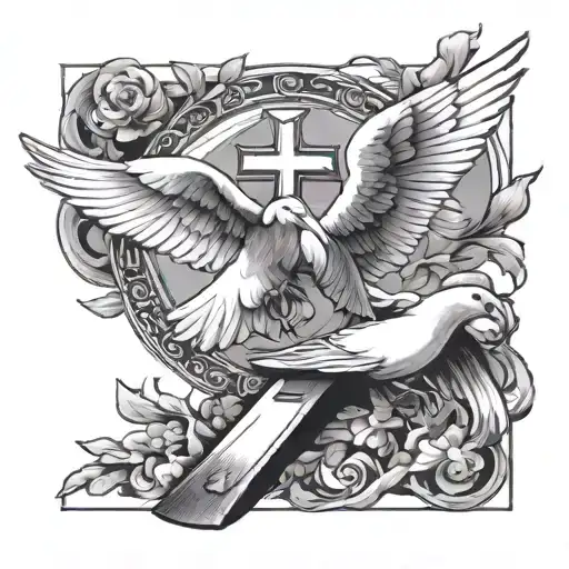 doves flying with a cross around hands arm sleeve  tattoo design idea