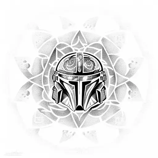 A dotwork mandala featuring the Mandalorian mythosaur in the center tattoo design idea