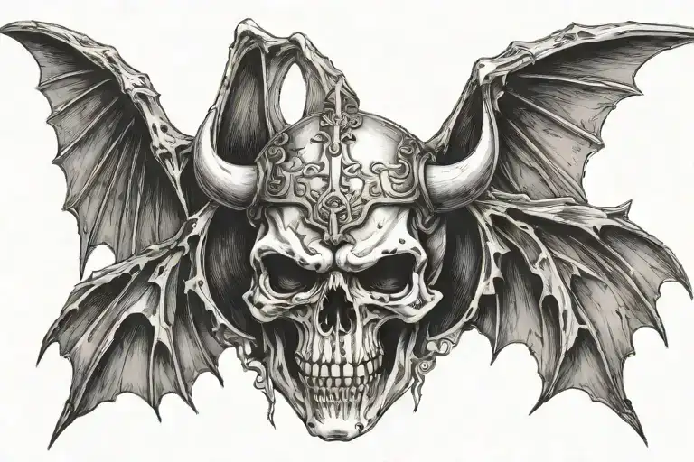 Skull with bat wings, wearing a realistic Norse Helm. front facing tattoo design idea