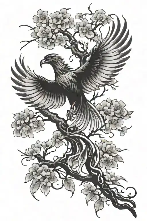 phoenix rising from tree of life with Japanese cherry blossom tattoo design idea
