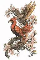 phoenix rising from tree of life with Japanese cherry blossom tattoo design idea