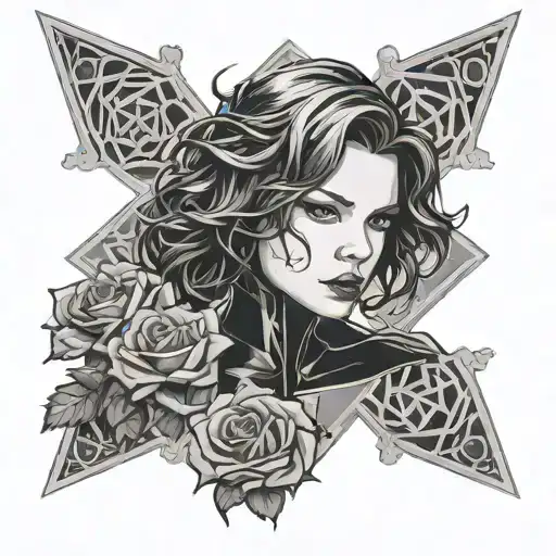 A black and grey portrait of Black Widow superhero with a background of intricate jigsaw puzzle pieces forming the shape of a rose, symbolizing family tattoo design idea