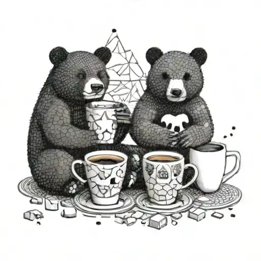 A geometric design combining coffee cups, jigsaw puzzle pieces, and black bears in a dotwork style, with hidden images of marvel superheroes tattoo design idea