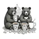 A geometric design combining coffee cups, jigsaw puzzle pieces, and black bears in a dotwork style, with hidden images of marvel superheroes tattoo design idea