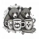 A geometric design combining coffee cups, jigsaw puzzle pieces, and black bears in a dotwork style, with hidden images of marvel superheroes tattoo design idea