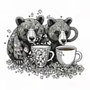 A geometric design combining coffee cups, jigsaw puzzle pieces, and black bears in a dotwork style, with hidden images of marvel superheroes tattoo design idea