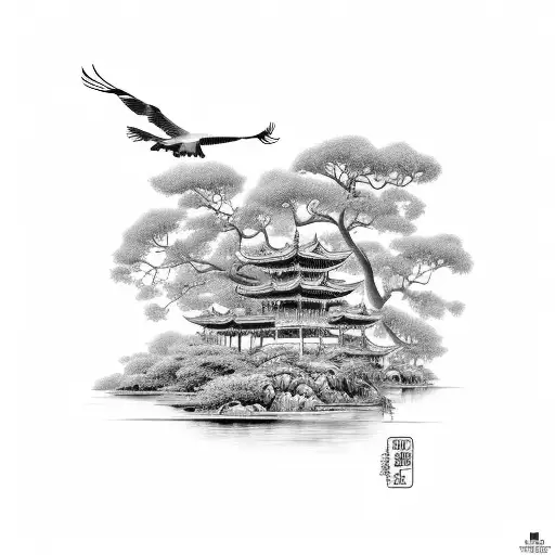 asian landscape (some storks in the background) tattoo design idea