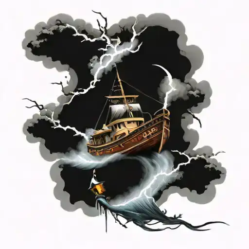 boat towing boat thunder and lightning storm tattoo design idea