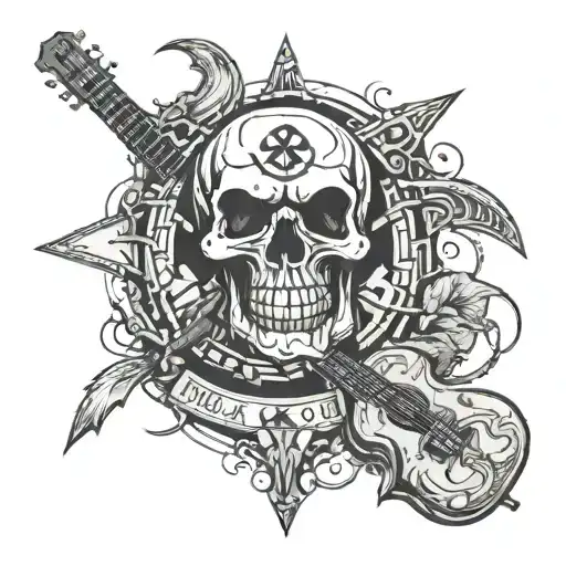 angry skull and cross guitars behind it and skull has peace logo on its forehead tattoo design idea