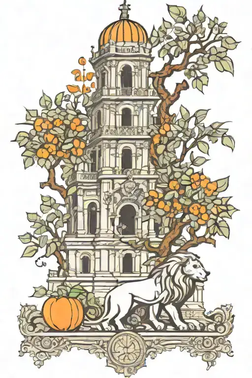 giralda with orange trees and hercules with lions  tattoo design idea