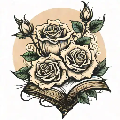 open books with roses blooming tattoo design idea