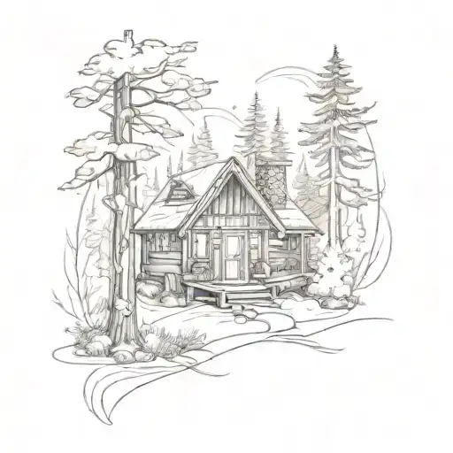 A sketch tattoo of a cozy cabin in the woods, surrounded by nature and wildlife, with a warm glow emanating from the windows tattoo design idea