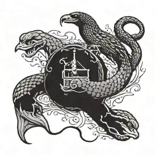 An anaconda coiling around an ancient chest with a raven perched on the corner of the chest tattoo design idea
