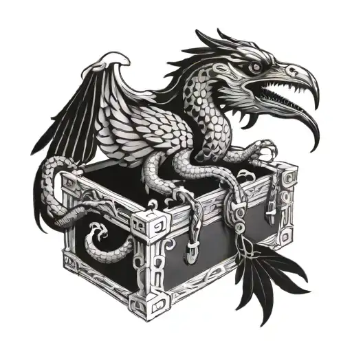 A snake coiling around an ancient chest with a raven perched on the corner of the chest tattoo design idea