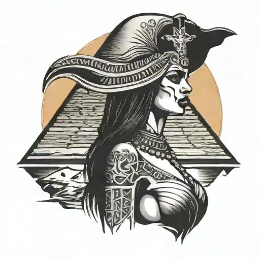 Egyptian woman sexy and nude in front of sunset over pyramids  tattoo design idea