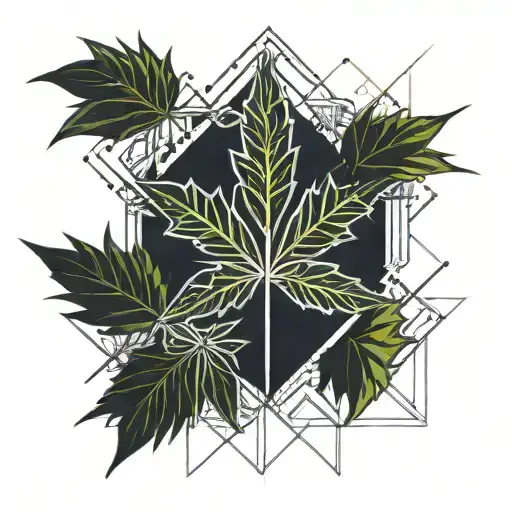 A surrealistic design featuring a cannabis plant intertwined with abstract geometric shapes tattoo design idea