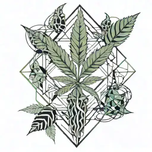 A surrealistic design featuring a cannabis plant intertwined with abstract geometric shapes tattoo design idea