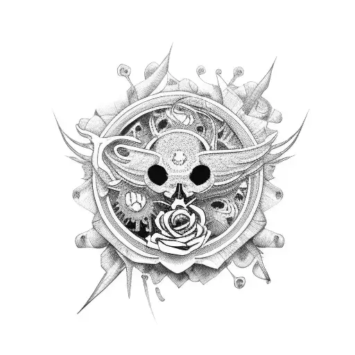 click with rose and birds and gears and compas tattoo design idea
