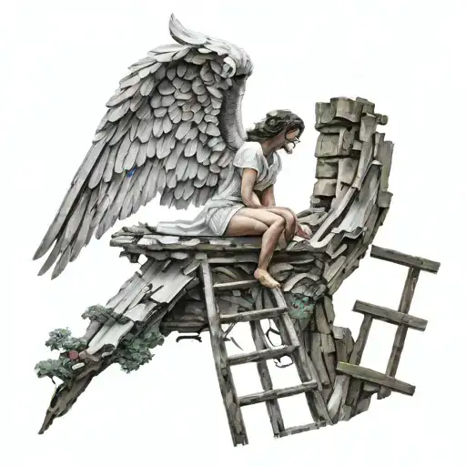 beautiful angel, wings cutted, falling in the sky, reaching for the sky, beautiful land with ladders heading to the sky tattoo design idea