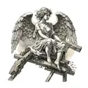 beautiful angel, wings cutted, falling in the sky, reaching for the sky, beautiful land with ladders heading to the sky tattoo design idea