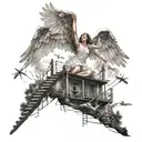 beautiful angel, wings cutted, falling in the sky, reaching for the sky, beautiful land with ladders heading to the sky tattoo design idea
