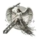 beautiful angel, wings cutted, falling in the sky, reaching for the sky, beautiful land with ladders heading to the sky tattoo design idea