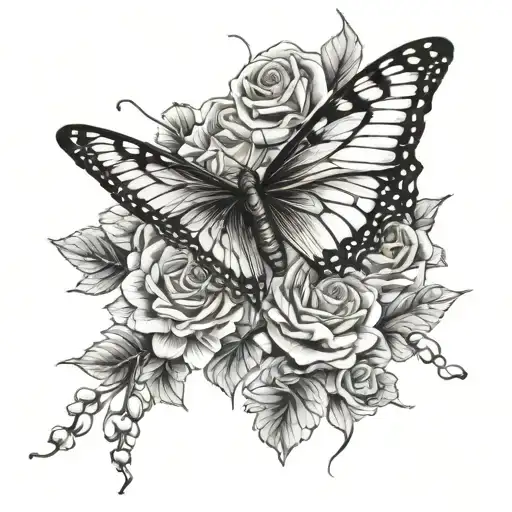 A butterfly emerging from a sushi roll, surrounded by roses and jasmine flowers, symbolizing the beauty of transformation and rebirth tattoo design idea