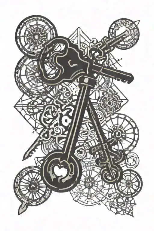 examples of keys with three spokes and a love heart tattoo design idea