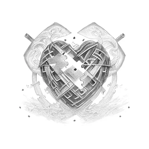 A heart-shaped puzzle with pieces representing the father and sons fitting together tattoo design idea