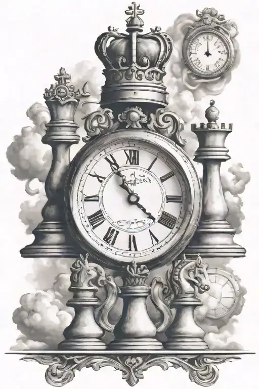 clock face at 4:26, chess pieces king, queen, pawn, knight, clouds in the background  tattoo design idea