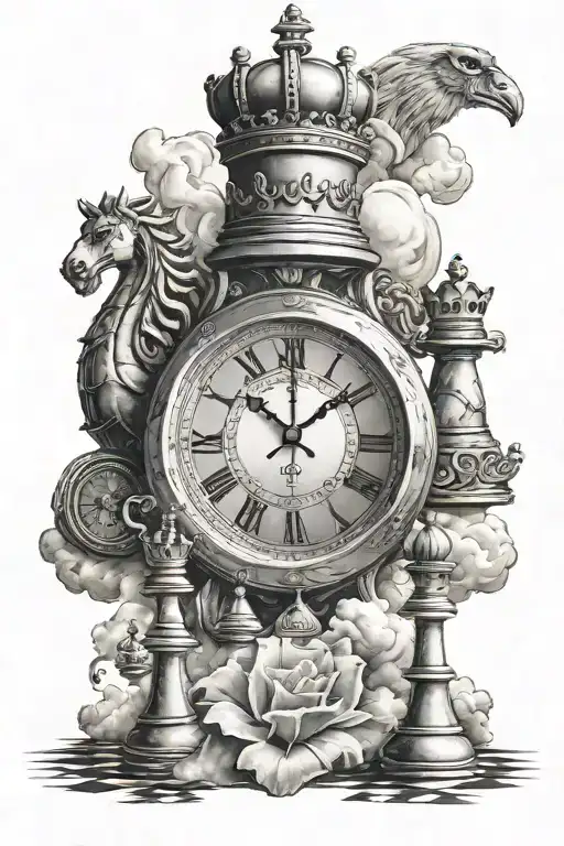 clock face at 4:26, chess pieces king, queen, pawn, knight, clouds in the background  tattoo design idea