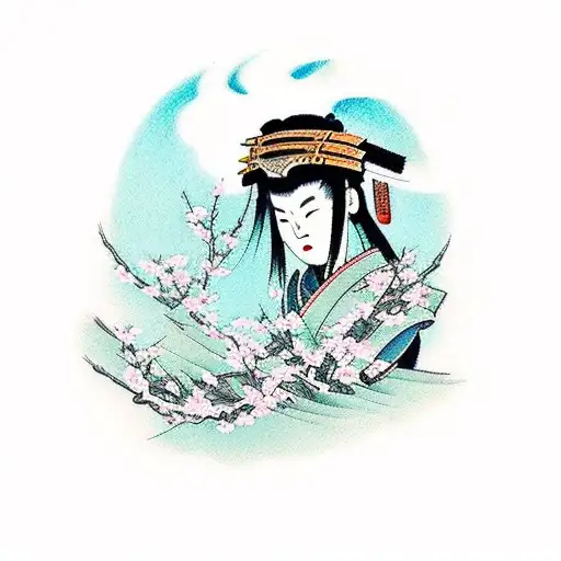 A traditional Japanese-inspired tattoo depicting Jyonita as a samurai warrior, with cherry blossoms and a serene landscape in the background tattoo design idea