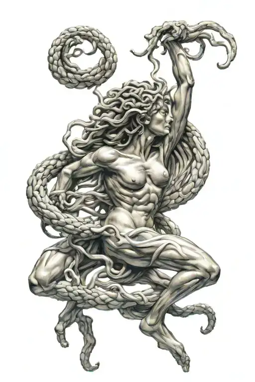Medusa, portrayed in a dynamic and athletic pose similar to the famous Discobolus statue, is captured mid-motion tattoo design idea