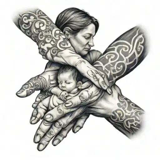 A black-grey tattoo of a mother holding hands with her special needs sister, showcasing the client's dedication and love towards their family members tattoo design idea