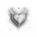Money raining down on a heart-shaped psychology symbol tattoo design idea