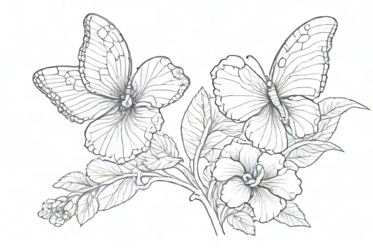 primrose flower, violet flower intertwined, butterfly  tattoo design idea