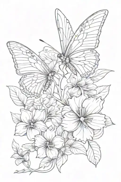 primrose flower intertwined, violet flower intertwined, butterfly in middle tattoo design idea