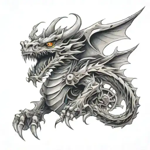 An anime-inspired mechanical dragon breathing molten metal tattoo design idea