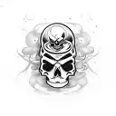 A unique and mesmerizing tattoo design that combines your fascination for skulls and the world of esports, depicting a skull-shaped joystick surrounded by animated eyes and smoke. tattoo design idea