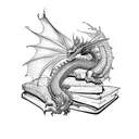 A majestic dragon curled around a stack of books tattoo design idea