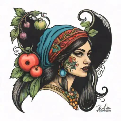 gypsy girl,  representing a children's song the verse that says "there was a gypsy who sold fruit plums apple watermelon tattoo design idea