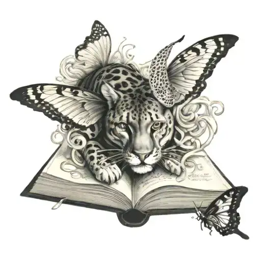 open book, black puma, angel, water, fire, cheetah, butterfly, live, death tattoo design idea