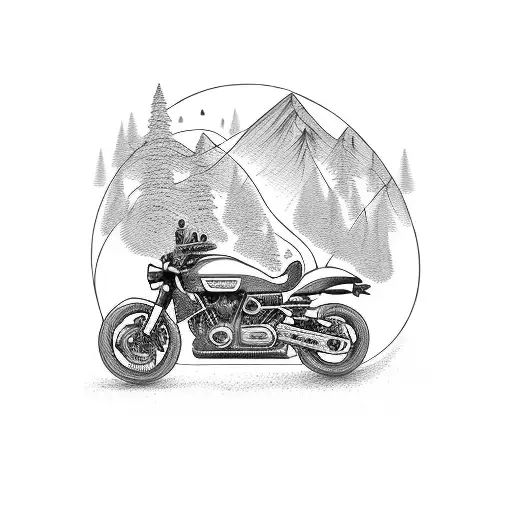 A motorcycle silhouette riding along a road that transforms into a winding mountain path, capturing the essence of adventurous travel tattoo design idea
