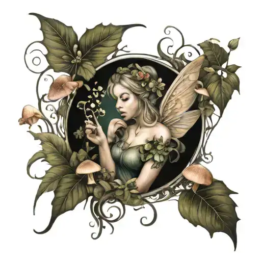 Realistic fairy with intricate wings blending into a lush forest scene with mushrooms tattoo design idea