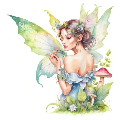 Realistic fairy with intricate wings blending into a lush forest scene with mushrooms tattoo design idea